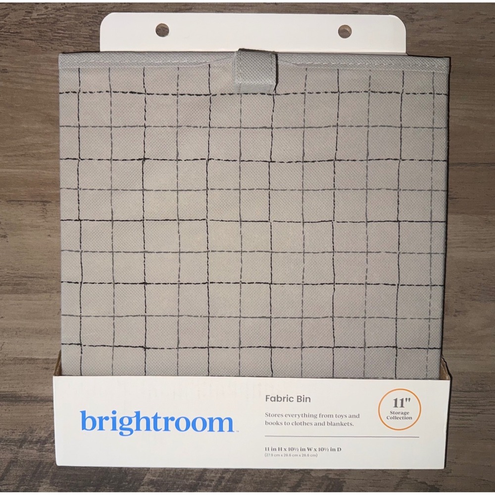 Brightroom Fabric Bin 11in Gray Grid Storage Cube NEW